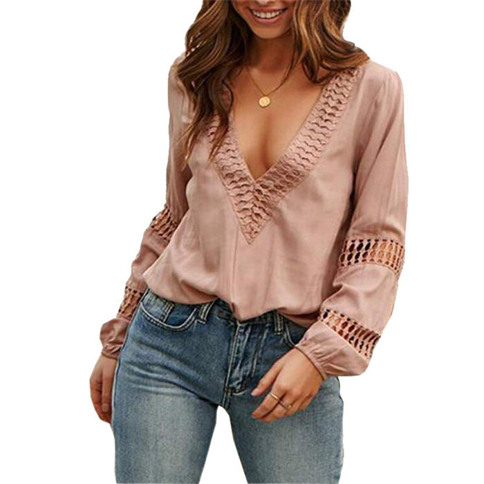 Beakey Womens V Neck Lantern Long Sleeve Blouse Hollow Out Casual Shirts-Pink-80082