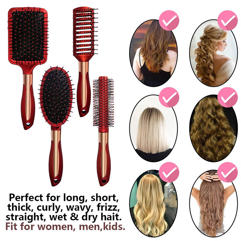 Beakey 4 Pcs Hair Brush Gifts Set for Women Detangling Hairbrush Flexible Soft Pin Bristles for Long Thick Curly Hair-Red