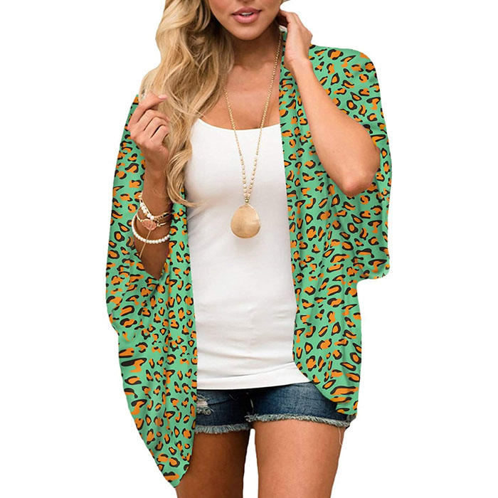 Beakey Women's Summer Floral Print Kimonos Loose Half Sleeve Chiffon Cardigan Blouses Casual Cover Up - Green Pattern
