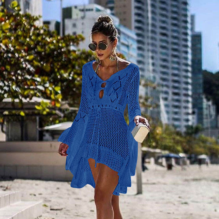 Beakey Women Beach Swimsuit for Women Flared Sleeves Coverups Bikini Loose Cover Up Net-Royal Blue