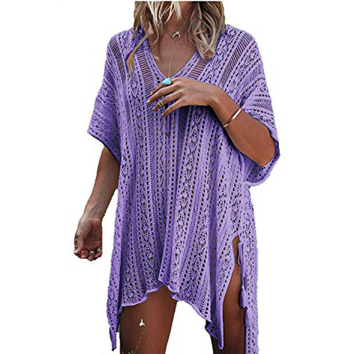 Beakey Women's Swimsuit Beach Bikini Loose Blouse Knitted Blouse Stylish Beach Cover up-Light Purple