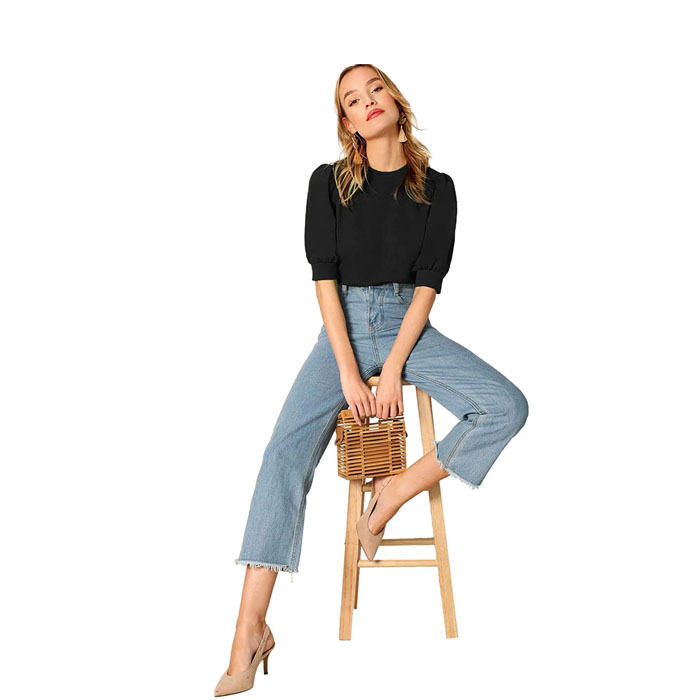 Beakey Women's Unique Puff Sleeve Casual Solid Top Pullover Keyhole Back Blouse-Black-8821