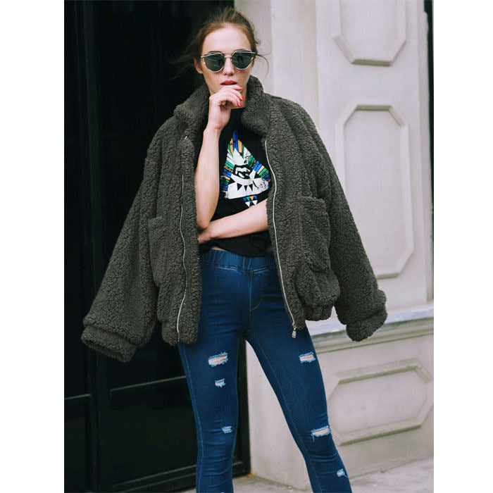 Beakey Women's Lapel Zip Up Coat Faux Shearling Shaggy Oversized  Jacket Warm Winter-Army Green-T0647