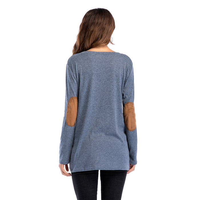 Beakey Women's Long Sleeve Double-breasted Buttons Casual Blouse Tunic Shirt Tops-Denim Blue-1025
