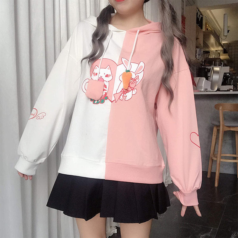Beakey Womens Cute Hoodie Cat Rabbit Patchwork Pullover-BlackWhite