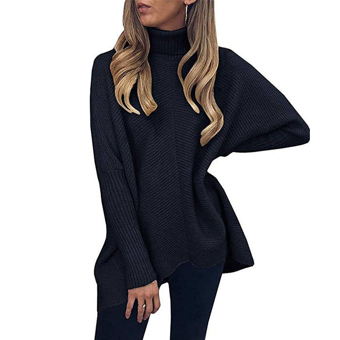 Beakey Womens Turtleneck Long Sweater Batwing Sleeve Asymmetric Hem Pullover Knit Tops-Black-YY528
