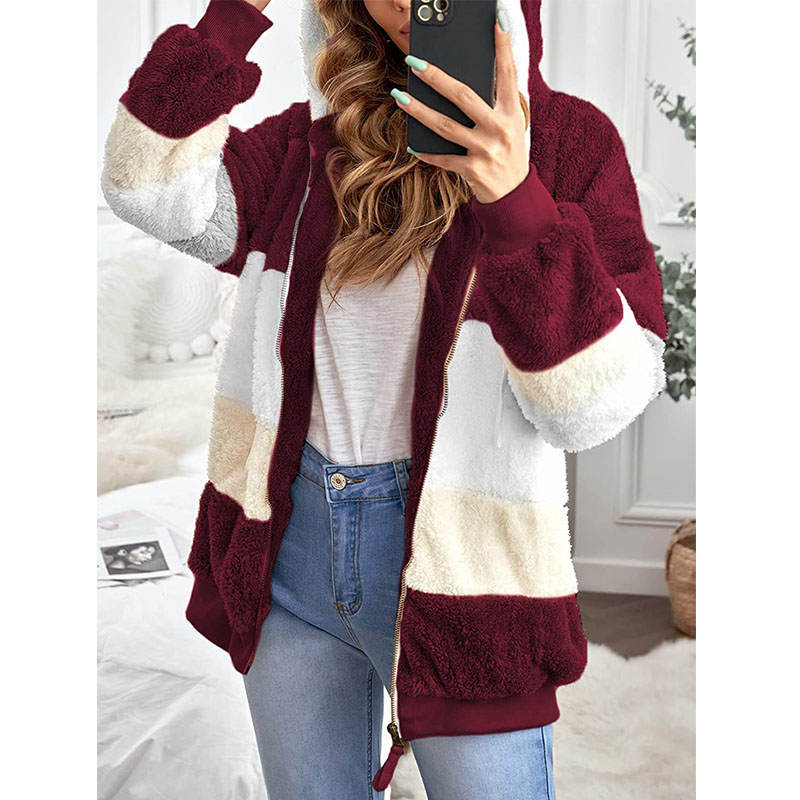Beakey Womens Warm Plush Hooded Cardigan Full Zip Colorblock Jacket-Wine Red