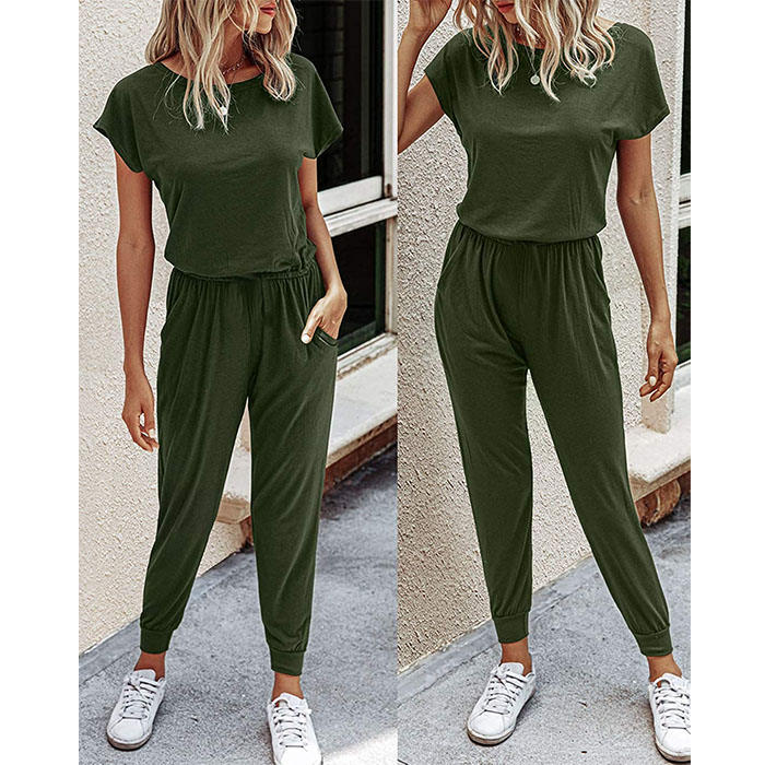 Beakey Women's Loose Solid Off Shoulder Elastic Waist Stretchy Long Romper Jumpsuit with Pockets - Army Green