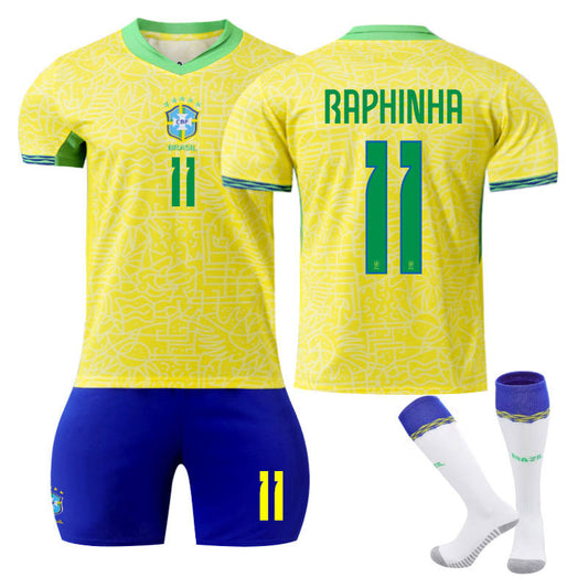 Beakey RAPHINHA #11 Brazilian Home Jersey Soccer Jersey Kit Football T-shirt Set for Adult Kids