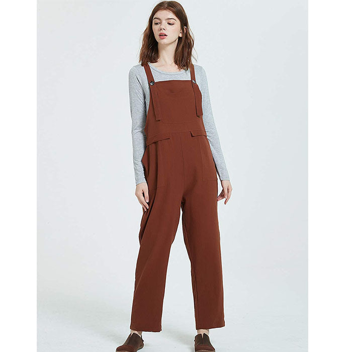 Beakey Women's Casual Baggy Cotton Linen Jumpsuit Overalls With Pockets-Brown-5859