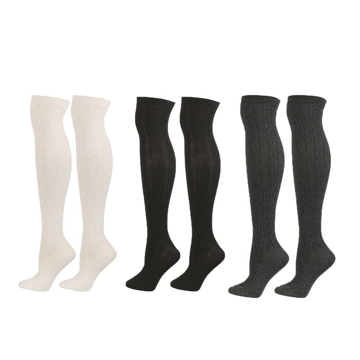 Beakey 3Packs Women Extra Long High Socks Knit Warmers Thick Tall Long Boot Stockings Leg-WhiteBlackDarkGray