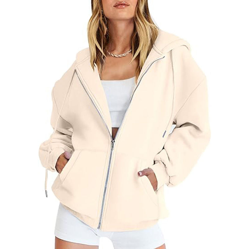 Beakey Womens Zip Up Hoodies with Pockets Y2K Oversized Sweatshirts-Milky White