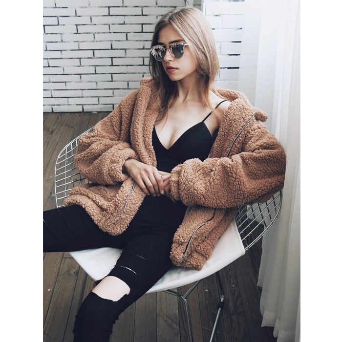 Beakey Women's Lapel Zip Up Coat Faux Shearling Shaggy Oversized  Jacket Warm Winter-Beige-T0647