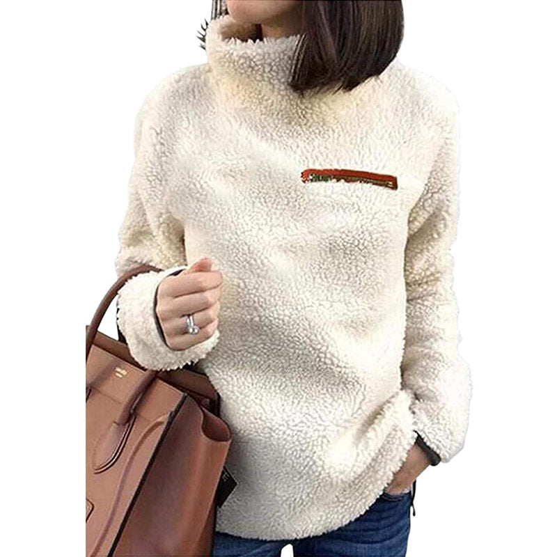 Beakey Womens Turtleneck Sweatshirt Winter Faux Fuzzy Sherpa Pullover-Light Apricot