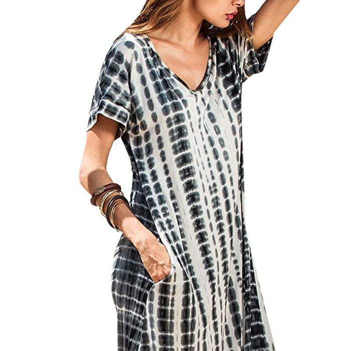 Beakey Women's Boho Maxi Summer Casual Short Sleeve V-neck Dye Split Fork Long Dress-Black