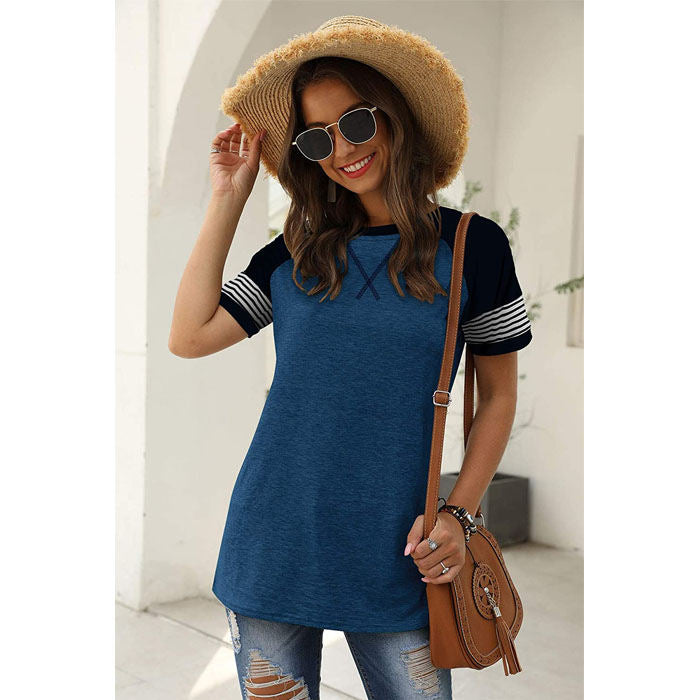 Beakey Womens T Shirts Round Neck Short Sleeve Striped Color Block Casual Tops-Blue-025