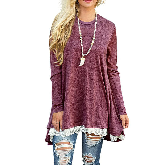 Beakey Women's Crew Neck Long Sleeve Lace Splicing Shirt Long Tunic Blouses-Wine Red-1228