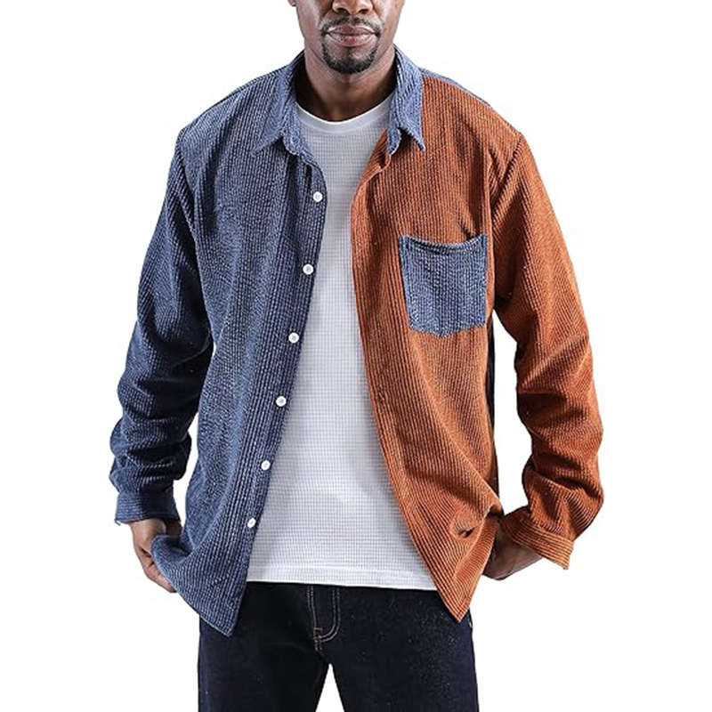 Beakey Mens Corduroy Shirt Patchwork Button Down Jacket with Chest Pocket-Blue