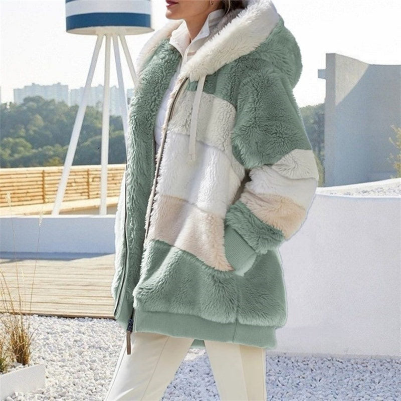 Beakey Womens Warm Plush Hooded Cardigan Full Zip Colorblock Jacket-Green