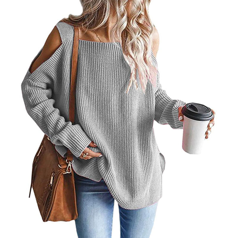 Beakey Womens Off Shoulder Oversized Sweater Fashion Knit Tunic Tops-Grey