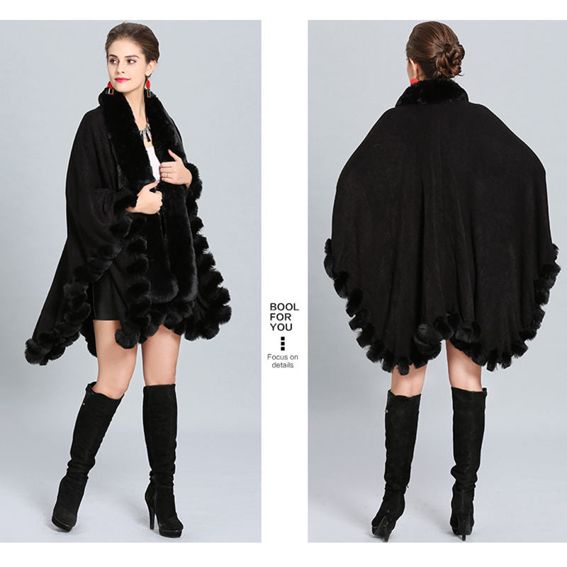 Beakey Womens Faux Fox Fur Trim Cardigan Shawl Oversized Cape-Black