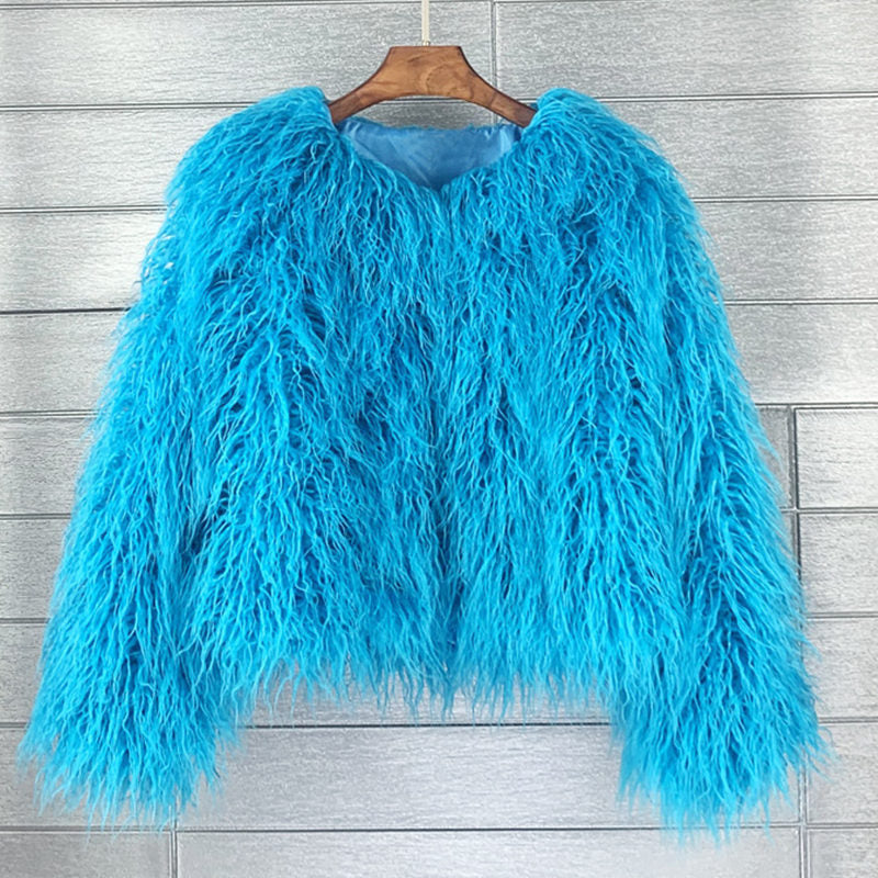 Beakey Womens Shaggy Faux Fur Outwear Short Thermal Coat-Lake Green
