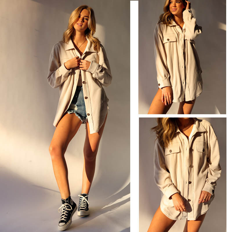 Beakey Womens Fleece Long Sleeved Shirt Casual Boyfriend Blouse Top-Beige