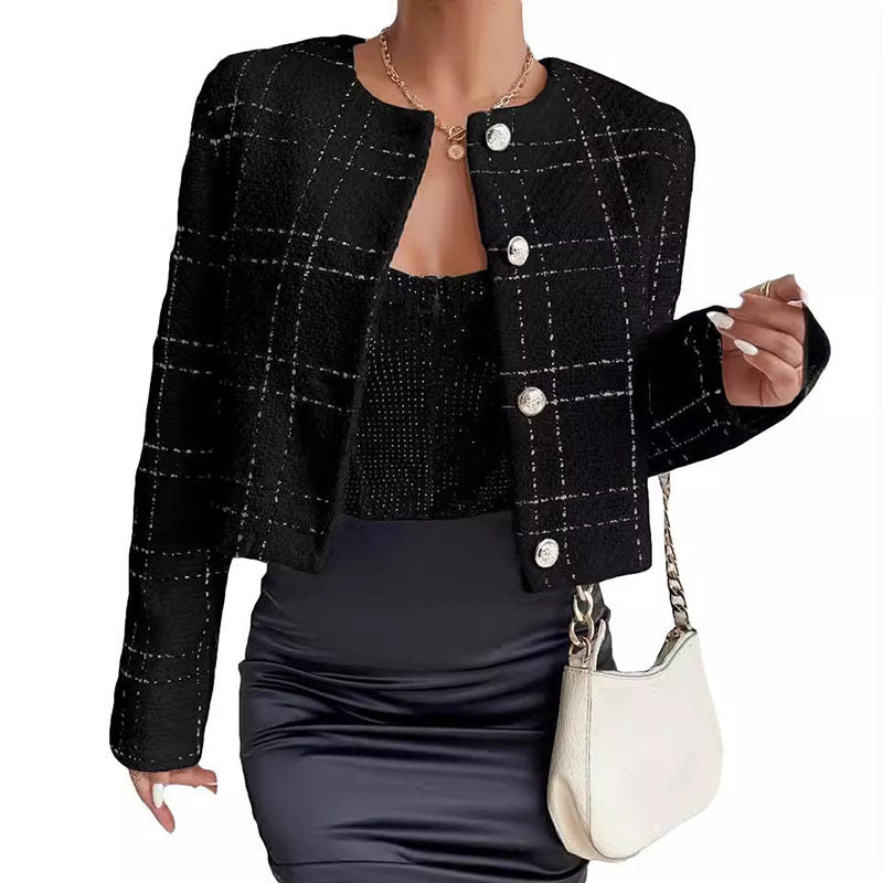 Beakey Cropped Blazer Jacket for Women Collarless Tweed Plaid Outerwear-Black