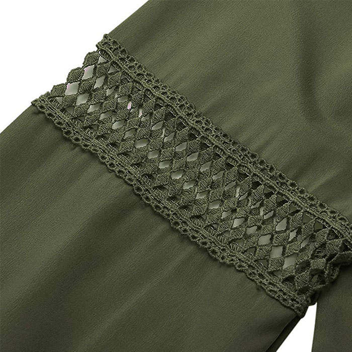 Beakey Womens V Neck Lantern Long Sleeve Blouse Hollow Out Casual Shirts-Green-80082