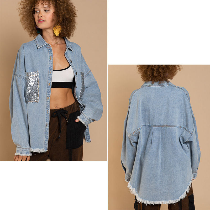 Beakey Sequins Denim Jacket for Women Oversized Distressed Jean Outwear-Blue