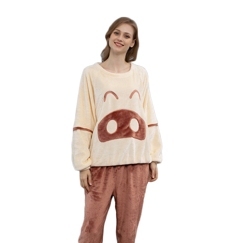 Beakey Cartoon Crewneck Pullover Pajamas Set-Beige