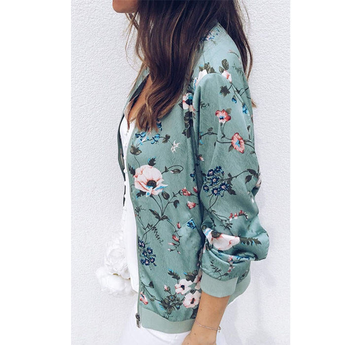 Beakey Women's Fashion Zip Up Casual Jacket Coat Short Outwear Flower Printing Tops-Green-8795