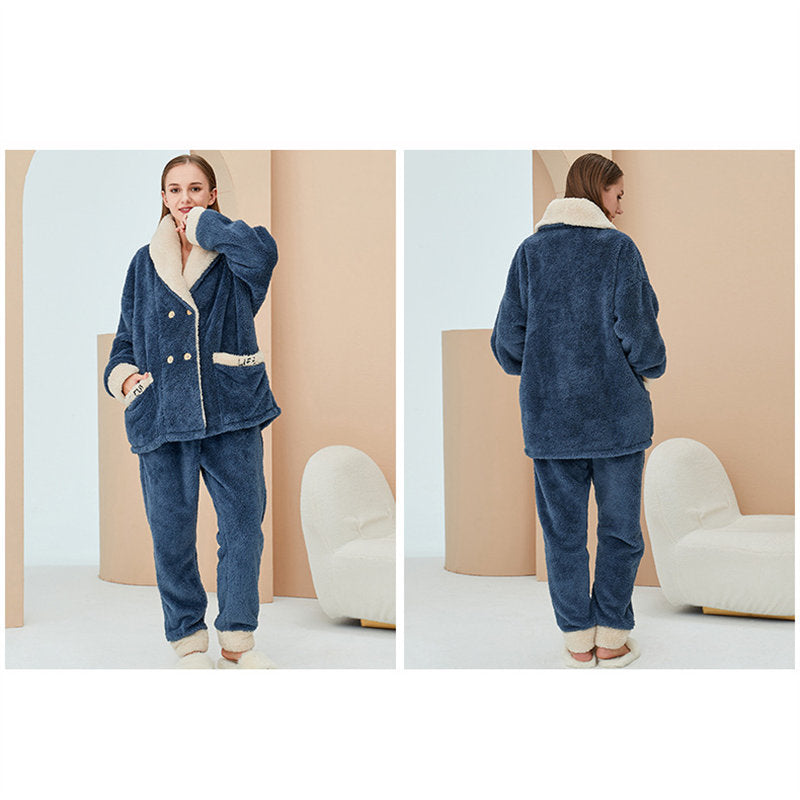 Beakey Womens Plush Pajamas Cardigan Set Loungewear-Navy Blue