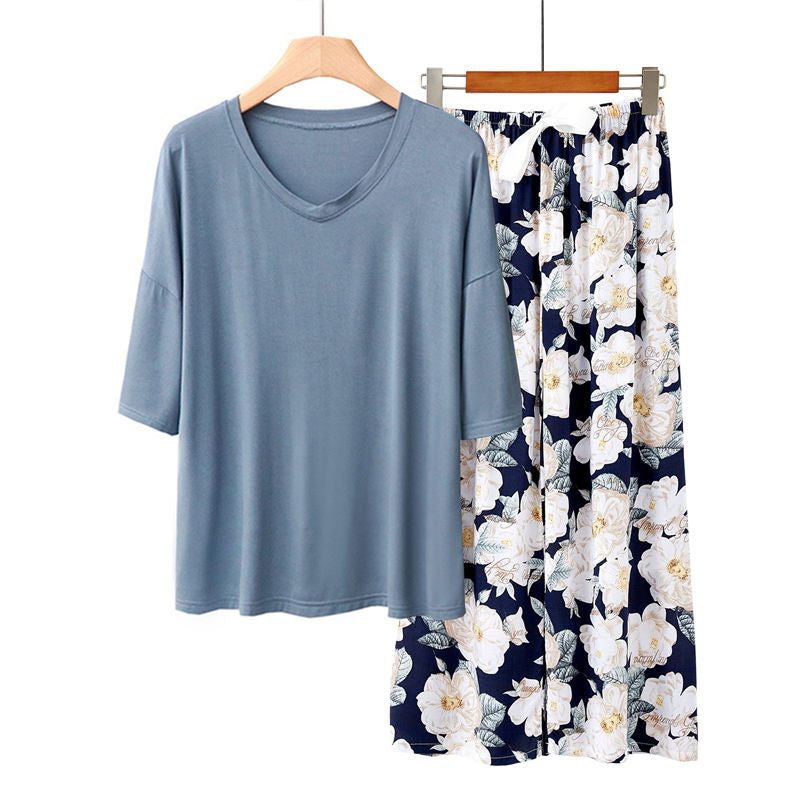 Beakey Womens Pajama Set Print Sleepwear Soft V-Neck Short Sleeve Top With Pants-27