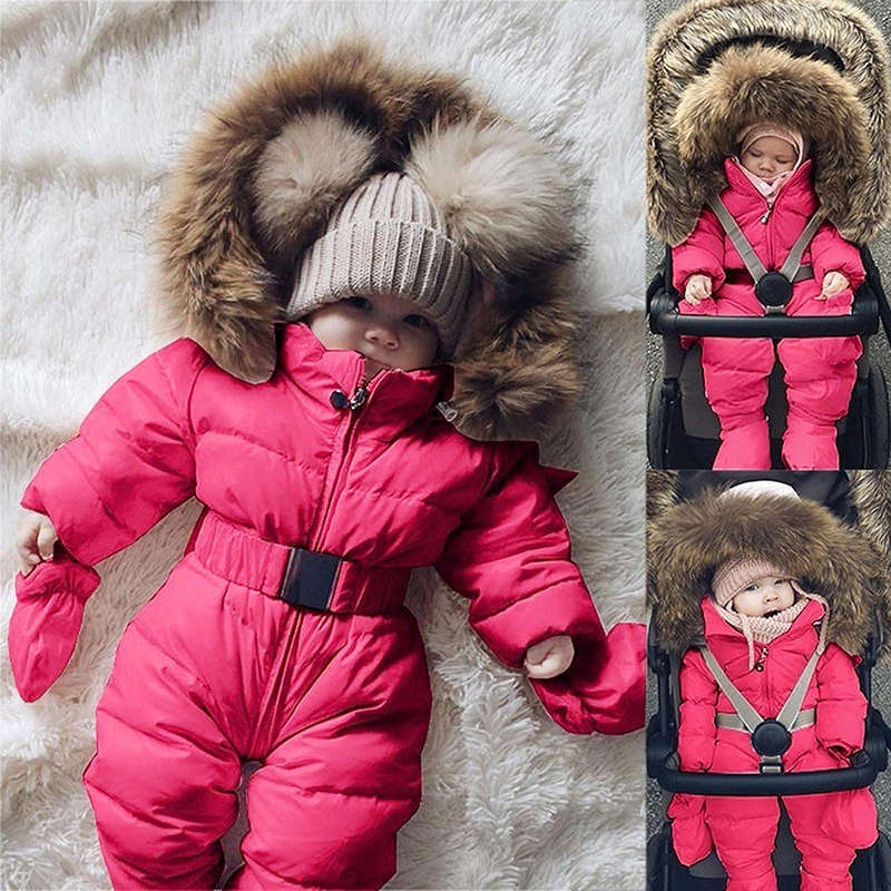 Beakey Newborn Snowsuits with Removable Hood Warm Padded Coat Winter-Rose Red