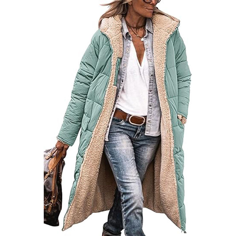 Beakey Womens Long Coats with Hood Fleece Lining Oversized Jackets-Light Green
