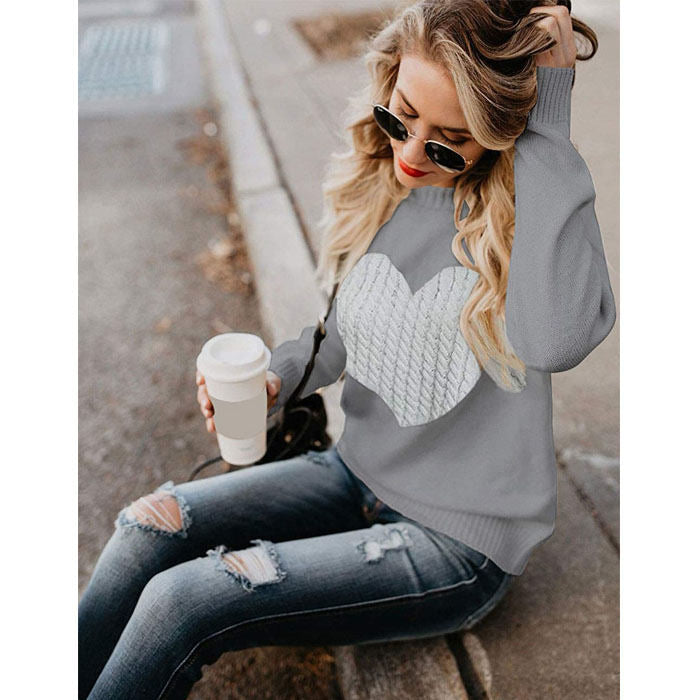 Beakey Women Cute Sweaters Heart Crewneck Long Sleeve Knitted Pullover Sweater-Gray-118004
