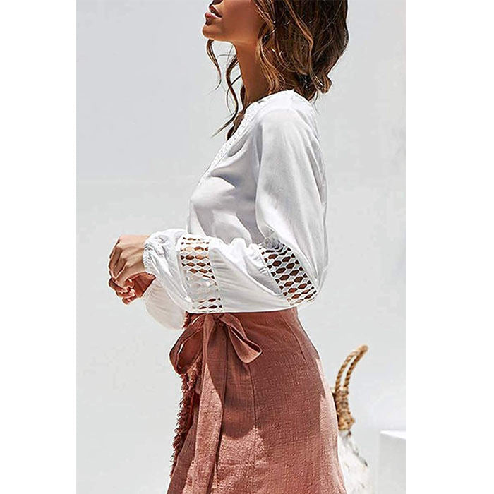 Beakey Womens V Neck Lantern Long Sleeve Blouse Hollow Out Casual Shirts-White-80082