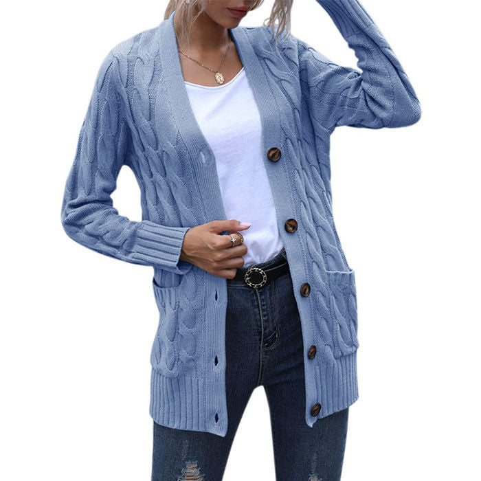 Beakey Women's Winter Keep Warm Long Sleeve Knit Sweater Cardigan Button Loose Outerwear-Blue-YL220187
