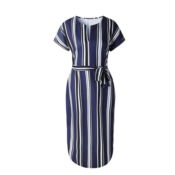 Beakey Womens Sexy Dresses Summer Casual V-Neck Printing Pattern Belted Slim Dress-Blue Strips