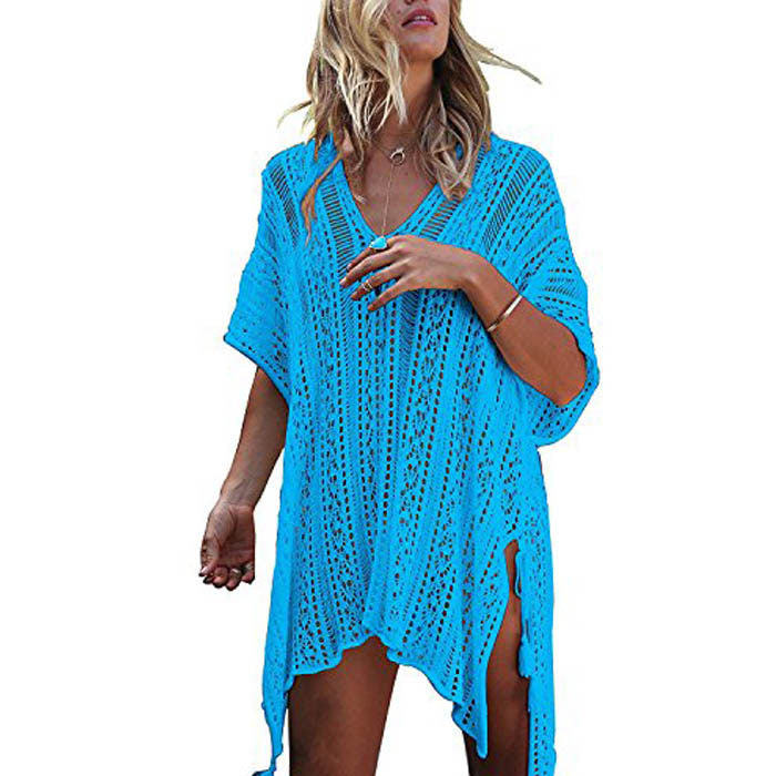Beakey Women's Swimsuit Beach Bikini Loose Blouse Knitted Blouse Stylish Beach Cover up-Lake Blue