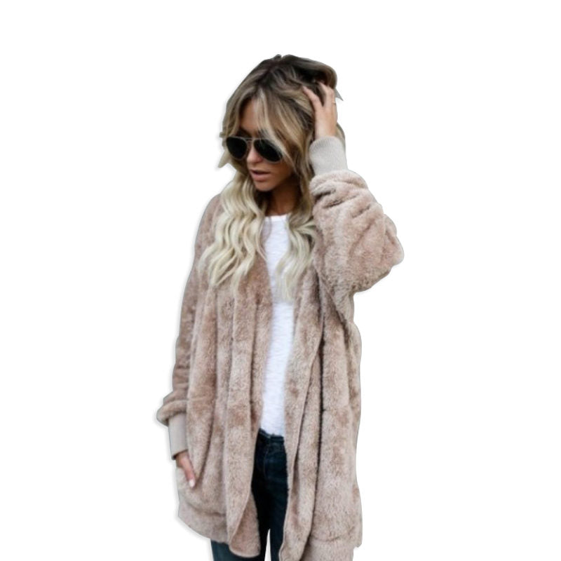 Beakey Womens Long Sleeve Fuzzy Fleece Jacket Hooded Cardigan Coat with Pockets-Khaki