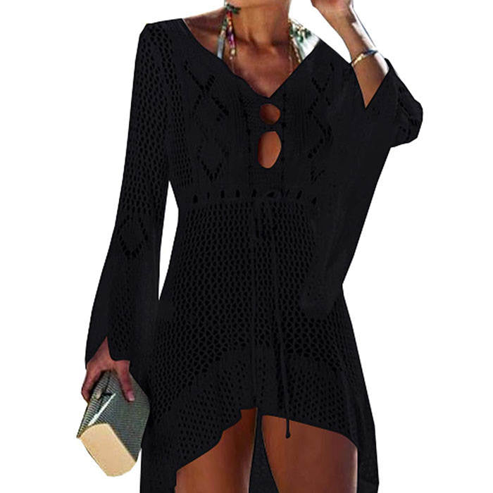 Beakey Women Beach Swimsuit for Women Flared Sleeves Coverups Bikini Loose Cover Up Net-Black