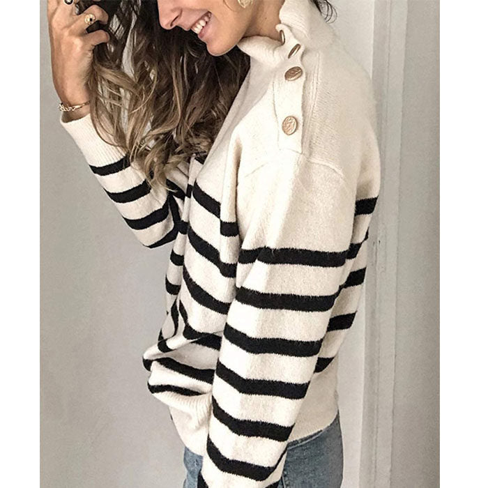 Beakey Women¡¯s Long Sleeves Knit Sweater Turtleneck Striped Loose Tops with Metal Button-Apricot-6222