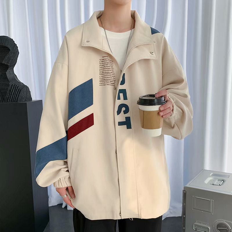 Beakey Mens Harajuku Jacket with Zipper Letter Print Oversized Streetwear