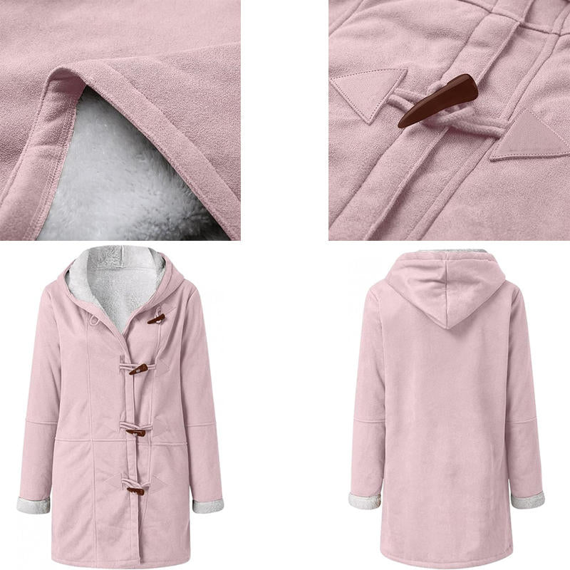Beakey Fleece Jackets for Women Horn Button Winter Hooded Outwear-Pink