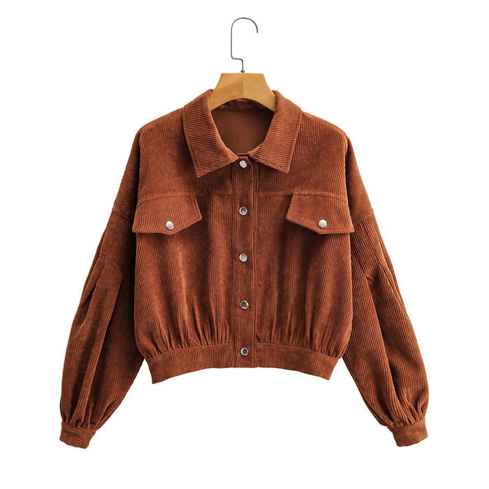 Beakey Women's Lantern Sleeve Button Up Corduroy Jacket Coat-Brown-H52-1029