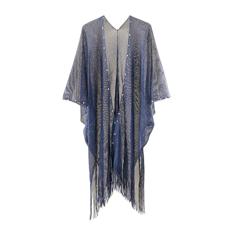 Beakey Womens Tassel Long Kimono Cardigans Beach Swimsuit Bikini Cover Up-Blue