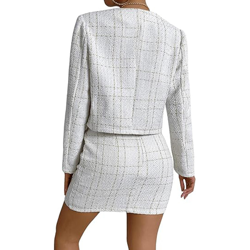 Beakey Elegant Outfit for Women Plaid Tweed Jacket + Bodycon Mini Skirt-White