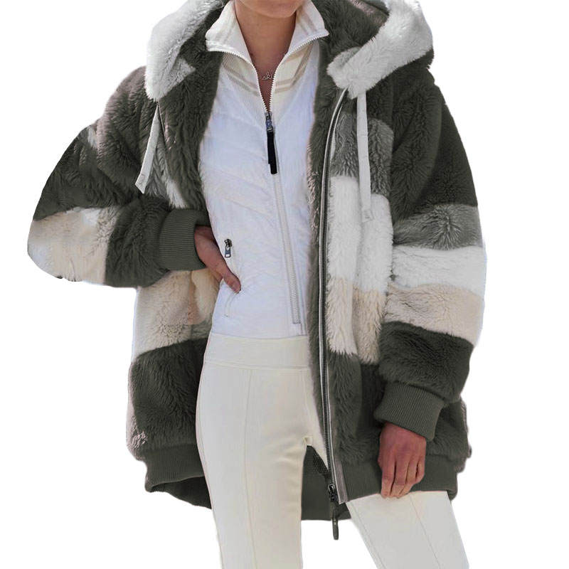 Beakey Womens Warm Plush Hooded Cardigan Full Zip Colorblock Jacket-Army Green